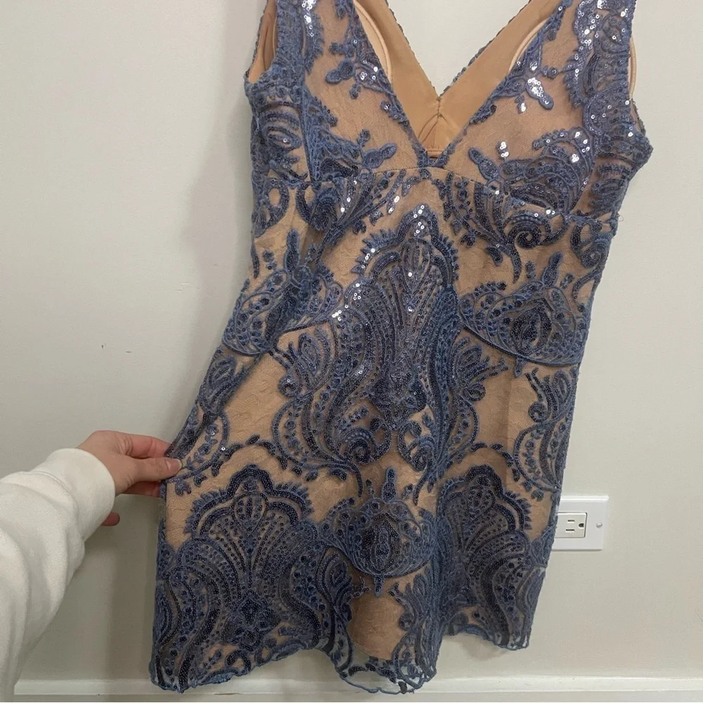 Free People Night Shimmer Blue and Nude Sequin Lace Mini Dress Boho Wedding